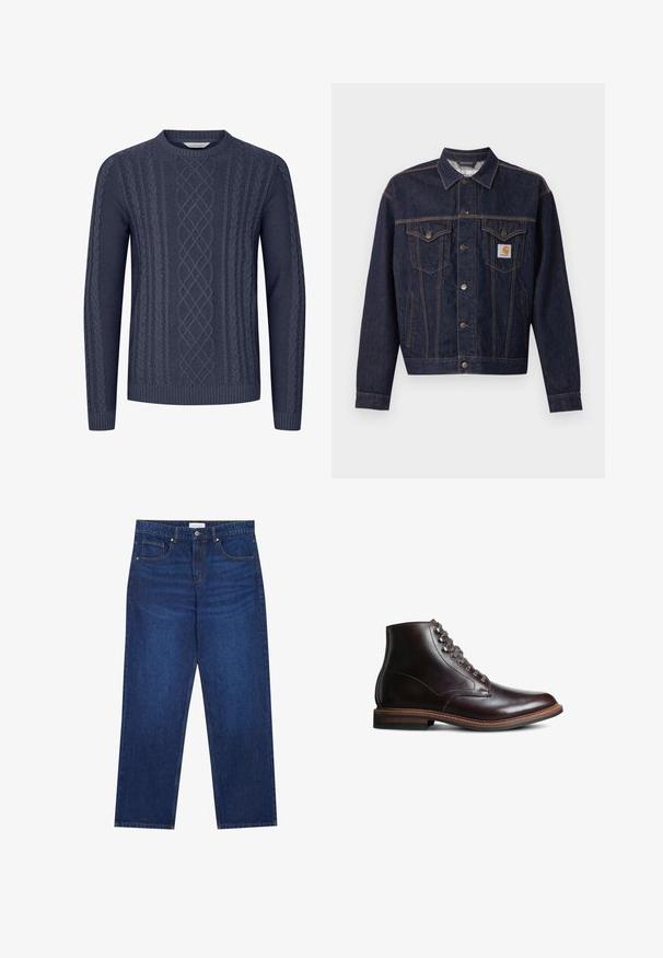 Donkerblauwe spijkerjas met knoopsluiting aan de voorkant, twee borstzakken met klep, zijzakken en een oranje Carhartt-logo op het linker borstzakje.; Navyblauwe gebreide trui met getextureerde kabelpatronen, ronde halslijn en geribbelde manchetten en onderkant. Gemaakt van zacht, duurzaam materiaal.; Donkerblauwe denim jeans met een rechte pijp, voorzien van een knoop- en ritssluiting, vijf zakken en zichtbare stikseldetails.; Donkerbruine leren enkellaars met ronde neus, vetersluiting aan de voorkant en een gestapeld hak op een witte achtergrond.