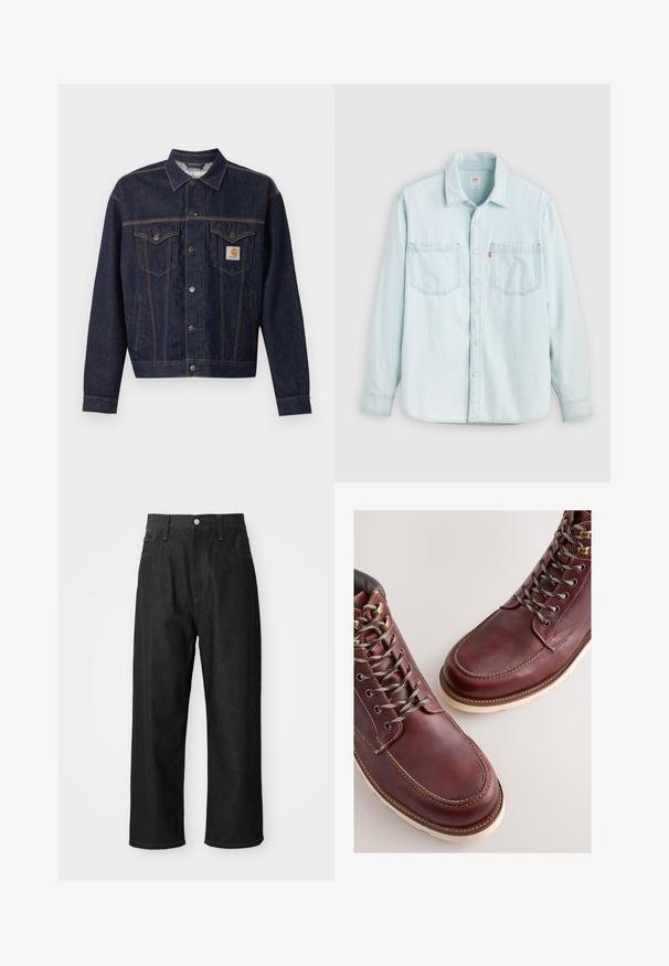 Dunkelblaue Jeansjacke mit Knopfleiste vorne, zwei Brustklappentaschen, Seitentaschen und orangefarbenem Carhartt-Logo-Patch auf der linken Brusttasche.; Hellblaues Denim-Langarmhemd mit Knopfleiste vorne, zwei Brusttaschen und Kragen, vor einem einfarbigen hellen Hintergrund gezeigt.; Schwarze Jeanshose mit relaxtem Schnitt, hohem Bund, Reißverschluss und Fünf-Taschen-Design. Sichtbare Nähte setzen Akzente.; Braune Lederstiefel mit einer glatten Oberfläche, ausgestattet mit Metallösen, grauen Schnürsenkeln und einer cremefarbenen Gummisohle. Nahtdetail entlang der Kanten.