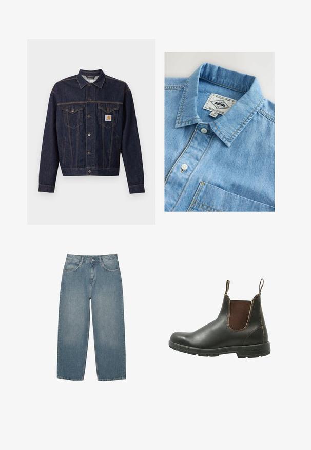 Mørkeblå denimjakke med knaplukning foran, to brystlommer med klap, sidelommer og orange Carhartt-logo på venstre brystlomme.; Lyseblå denimskjorte med en krave med knapper, frontlomme og hvide knaplukninger. Har gul syning som accent.; Blå højtaljede lige jeans med forlommer, bæltestropper, knaplukning og subtilt slid på en hvid baggrund.; Chelsea støvle lavet af glat sort læder med brune elastiske sidepaneler, kontrastsyet, og en struktureret gummisål.