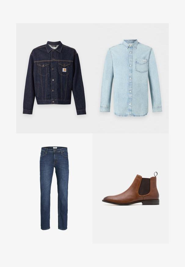 Mørkeblå denimjakke med knaplukning foran, to brystlommer med klap, sidelommer og orange Carhartt-logo på venstre brystlomme.; Lyseblå denim-skjorte med lange ærmer, knaplukning foran, enkelt brystlomme med Calvin Klein-logo og spids krave.; Mørkeblå denim jeans med lige ben pasform, fem-lomme design og synlige syninger detaljer. Klassisk knap- og lynlås-lukning.; Zign by Zalando LEATHER - Støvletter - cognac
