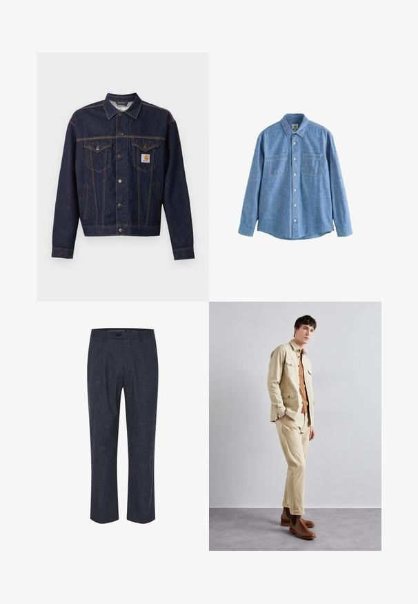 Dunkelblaue Jeansjacke mit Knopfleiste vorne, zwei Brustklappentaschen, Seitentaschen und orangefarbenem Carhartt-Logo-Patch auf der linken Brusttasche.; Langärmliges blaues Chambray-Hemd mit Knopfleiste und zwei Brusttaschen, flach auf weißem Hintergrund liegend.; Marineblaue Hosen aus strukturiertem Stoff, mit flachem Front, Knopfverschluss und geraden Beinen mit dezenten, hellen Mustern.; Beige Baumwolljacke mit zwei Brusttaschen über einem braunen Hemd und passenden beigen Hosen. Braune Lederstiefeletten runden das Outfit ab.