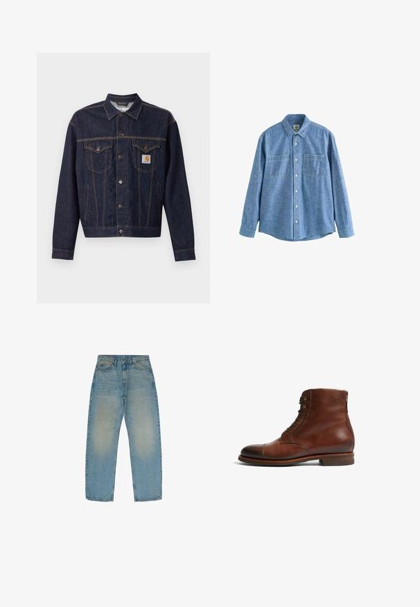 Dunkelblaue Jeansjacke mit Knopfleiste vorne, zwei Brustklappentaschen, Seitentaschen und orangefarbenem Carhartt-Logo-Patch auf der linken Brusttasche.; Langärmliges blaues Chambray-Hemd mit Knopfleiste und zwei Brusttaschen, flach auf weißem Hintergrund liegend.; Hellblaue gerade geschnittene Jeans aus Denim, mit einer ausgewaschenen Struktur und mittlerem Waschgang, fünf Taschen und einem Reißverschluss.; Braune Leder-Stiefeletten mit runder Zehenform, 6 Ösen und einer glatten, strukturierten Oberfläche. Mit niedrigem, gestapeltem Absatz und kontrastierenden Nähten.