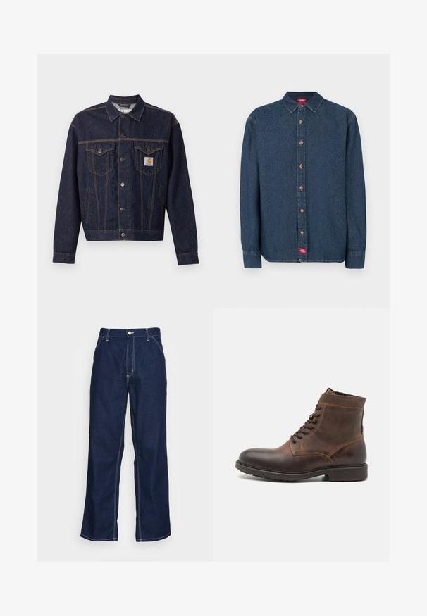 Dunkelblaue Jeansjacke mit Knopfleiste vorne, zwei Brustklappentaschen, Seitentaschen und orangefarbenem Carhartt-Logo-Patch auf der linken Brusttasche.; Dunkelblaues Denim-Hemd mit Knöpfen, spitzem Kragen, langen Ärmeln und kupferfarbenen Knöpfen. Verfügt über ein kleines rotes Etikett auf der linken Seite.; Dunkelblaue Denim-Hosen mit weitem Bein, hoher Taille, Fronttaschen und kontrastierendem weißen Nähten entlang der Säume.; Jack & Jones JFWDELANEY BOOT - Schnürstiefelette - cognac