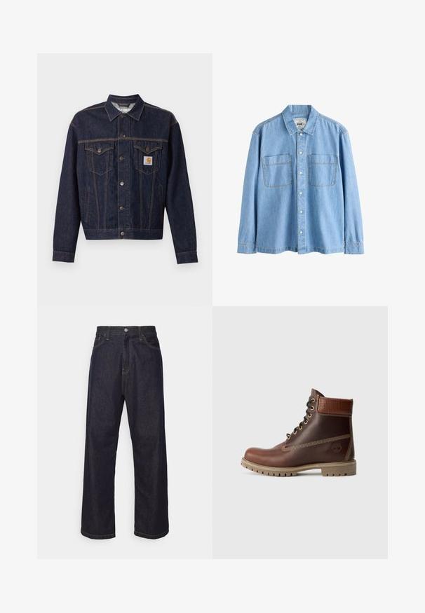 Donkerblauwe spijkerjas met knoopsluiting aan de voorkant, twee borstzakken met klep, zijzakken en een oranje Carhartt-logo op het linker borstzakje.; Lichtblauw denim overhemd met lange mouwen, knoopsluiting aan de voorkant en twee borstzakken, weergegeven op een witte achtergrond.; Donkerblauwe rechte spijkerbroek met gele stiksels, voorknop, ritssluiting en vijf pocket ontwerp.; Bruine leren veterschoen tot de enkel met gevoerde kraag, contrasterende stiksels en een robuuste zool, getoond vanaf de buitenkant op een witte achtergrond.