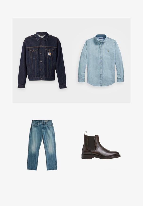 Dunkelblaue Jeansjacke mit Knopfleiste vorne, zwei Brustklappentaschen, Seitentaschen und orangefarbenem Carhartt-Logo-Patch auf der linken Brusttasche.; Hellblaues Denimhemd mit langen Ärmeln, Knopfkragen, durchgehenden Knöpfen vorne und kleinem besticktem Logo auf der linken Brustseite.; Blaue Straight-Leg-Denim-Jeans mit Vordertaschen, Gürtelschlaufen und ausgewaschenen Stellen an Oberschenkeln und Knien, flach auf weißem Hintergrund liegend.; Braune Leder-Chelsea-Boots mit elastischen Seiteneinsätzen, Schlupfgriff und niedrigem, gestapeltem Absatz. Glatte Textur und schlanke Silhouette.