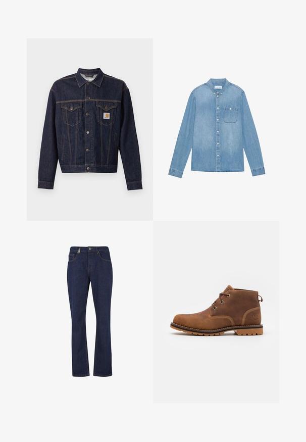 Donkerblauwe spijkerjas met knoopsluiting aan de voorkant, twee borstzakken met klep, zijzakken en een oranje Carhartt-logo op het linker borstzakje.; Lichtblauw denim overhemd met knopen, lange mouwen, spitse kraag, één borstzak en subtiele vervaging op de stof.; Donkerblauwe rechte jeans van denim met voorste knoop en rits, met voor- en achterzakken en zichtbare stikseldetails.; Timberland LARCHMONT II WP CHUKKA - Veterboots - rust