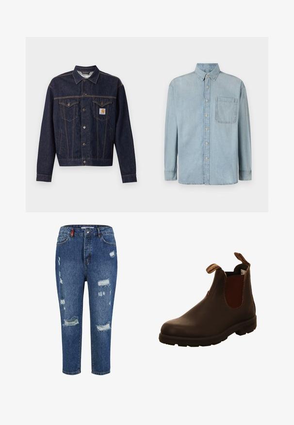 Mørkeblå denimjakke med knaplukning foran, to brystlommer med klap, sidelommer og orange Carhartt-logo på venstre brystlomme.; Lyseblå denimskjorte med lange ærmer, knaplukning foran og en enkelt brystlomme. Har en klassisk krave og standard manchetter.; Blå denimjeans med slidte områder, herunder store huller og frynsede kanter. Har et klassisk fem-lomme design og en knaplukning.; Brune læderankelbukser med elastiske sidepaneler, trækremme og struktureret gummisål. Glat overflade med kontrasterende syninger.