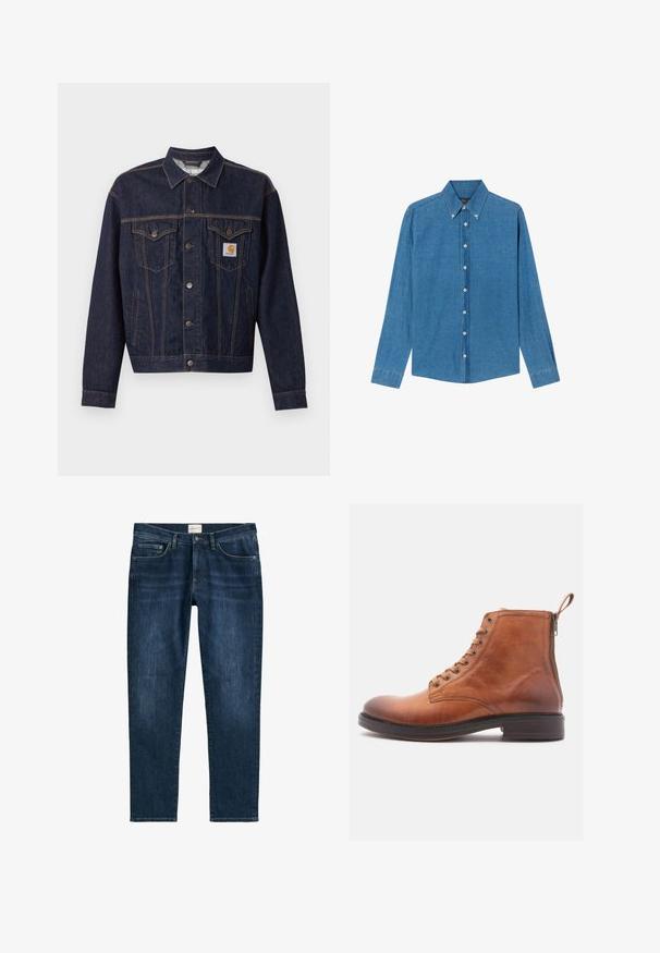 Dunkelblaue Jeansjacke mit Knopfleiste vorne, zwei Brustklappentaschen, Seitentaschen und orangefarbenem Carhartt-Logo-Patch auf der linken Brusttasche.; Blaue Denim-Hemd mit Button-down-Kragen, langen Ärmeln und Knöpfen vorne. Der Stoff hat eine strukturierte Oberfläche und einen klassischen Schnitt.; Dunkelblaue Denim-Jeans mit geradem Bein, fünf Taschen, Gürtelschlaufen und dezentem Verblassen. Der Stoff hat eine glatte Textur.; Braune Leder-Stiefelette mit glatter Oberfläche, Schnürung vorne, seitlichem Reißverschluss und runder Zehenpartie. Flache Gummisohle und genähte Details.