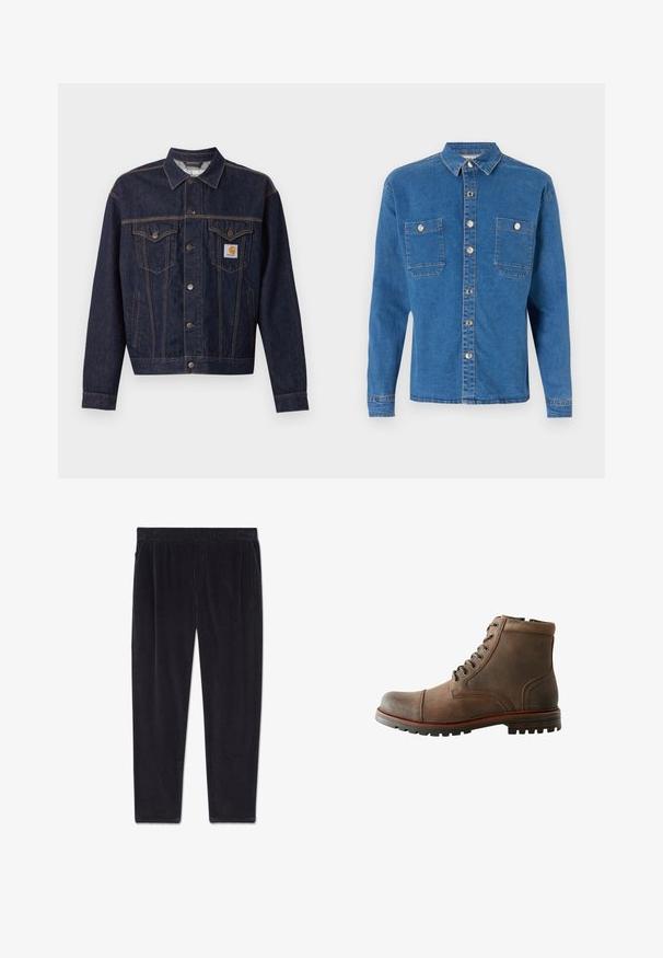 Tumesinine teksajakk nööpidega ees, kaks rinnataskut klapiga, küljetaskud ning oranž Carhartti logo vasakul rinnataskul.; Denim Project DPMDPLOOSE OVERSIZED DENIM SHIRT - Pluus - mid blue washed; Mustad sametpüksid, millel on elastne vöökoht ja küljetaskud, paigutatud valgele taustale laiali.; Pruun nahast pahkluu saabas ümarate varvastega, pehmendatud kraega, kuue silmaga nöörimisega ja tekstureeritud kummitald. Õmblusega aktsendid külgedel.