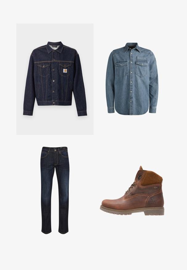 Donkerblauwe spijkerjas met knoopsluiting aan de voorkant, twee borstzakken met klep, zijzakken en een oranje Carhartt-logo op het linker borstzakje.; Lichtblauwe denim shirt met lange mouwen, knopen aan de voorkant, twee borstzakken en een verhoogd embleem. Kenmerkt zich door een klassiek western-stijl ontwerp.; Donkerblauwe spijkerbroeken met een recht model, vijf zakken, gouden stiksels en een gladde textuur. JButtonsluiting in de taille.; Bruine leren enkellaarzen met suede accenten, ronde neus, vetersluiting aan de voorkant, stevige zool en een geperste logo-detail aan de zijkant.