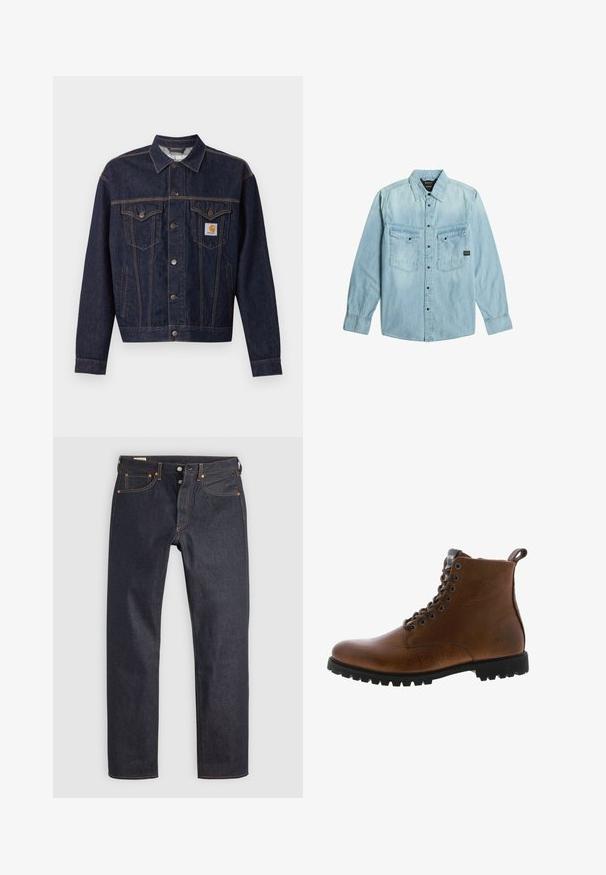 Donkerblauwe spijkerjas met knoopsluiting aan de voorkant, twee borstzakken met klep, zijzakken en een oranje Carhartt-logo op het linker borstzakje.; Lichtblauw denim overhemd met lange mouwen, knoopsluiting, twee frontzakken met klep en knopen, en een klassieke kraag.; Donkerblauwe spijkerbroek met een rechte pijp, voorzien van oranje stiksel en klassieke vijfzakkenstijl. Knop- en ritssluiting.; Bruine leren enkelbotten met een gestructureerde afwerking, metalen oogjes en een zwarte rubberen profielzool. Voorzien van een trekband aan de achterkant voor gemakkelijke instap.