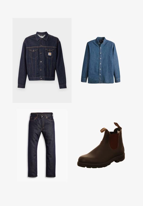 Donkerblauwe spijkerjas met knoopsluiting aan de voorkant, twee borstzakken met klep, zijzakken en een oranje Carhartt-logo op het linker borstzakje.; Denim overhemd met knopen in middelblauwe kleur, met lange mouwen, een puntkraag, witte knopen en een getailleerde pasvorm met subtiele geborduurde logo.; Donkerblauwe recht gesneden denim jeans met vijf zakken en oranje contrasterende stiknaden, plat gelegd op een witte achtergrond.; Bruine leren enkellaars met elastische zijkanten, trekhaakjes en een gestructureerde rubberen zool. Gladde afwerking met contrasterende stikseldetails.