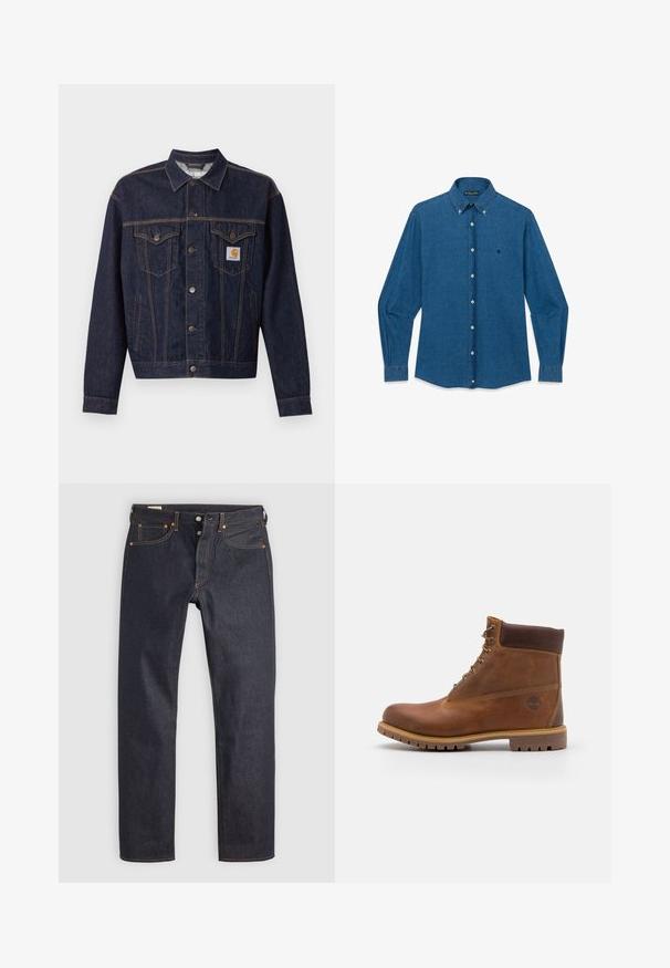 Dunkelblaue Jeansjacke mit Knopfleiste vorne, zwei Brustklappentaschen, Seitentaschen und orangefarbenem Carhartt-Logo-Patch auf der linken Brusttasche.; Blaues Jeanshemd mit langen Ärmeln, durchgehender Knopfleiste, spitzem Kragen und kleinem, gesticktem Logo auf der linken Brust.; Dunkelblaue Jeans aus Denim mit geradem Bein, versehen mit orangefarbener Naht und klassischem Five-Pocket-Design. Verschluss mit Knopf und Reißverschluss.; Braune Lederwanderschuhe mit glatter Oberfläche, gepolstertem Knöchel, Metallösen und einer Gummisohle mit robustem Profil.