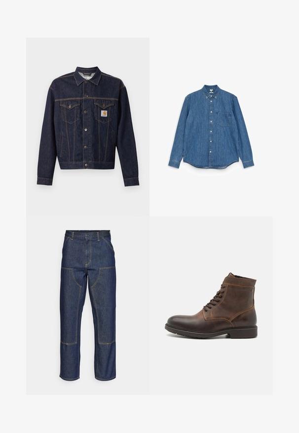 Donkerblauwe spijkerjas met knoopsluiting aan de voorkant, twee borstzakken met klep, zijzakken en een oranje Carhartt-logo op het linker borstzakje.; Blauwe denim overhemd met lange mouwen, een puntige kraag, witte knopen, één borstzak en een rechte zoom. Egaal textuur en gemiddeld gewicht.; Donkerblauwe denim jeans met een hoge taille, rechte pijpen, contrasterende stiksels en opgestikte zakken aan de voorkant.; Jack & Jones JFWDELANEY BOOT - Veterboots - cognac