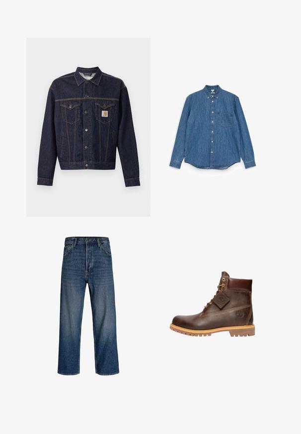 Veste en denim bleu foncé avec fermeture boutonnée, deux poches poitrine à rabat, poches latérales et patch logo Carhartt orange sur la poche poitrine gauche.; Chemise en denim bleu à manches longues avec un col pointu, des boutons blancs, une poche poitrine unique et un ourlet droit. Texture uniforme et poids moyen.; Jean en denim avec une coupe droite, couleur bleu foncé et délavage subtil. Comprend cinq poches et une fermeture à bouton.; Bottine marron en cuir avec col rembourré, laçage frontal, semelle robuste, et logo Timberland visible sur le côté et sur l'étiquette attachée.