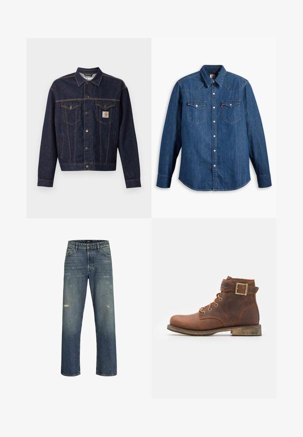 Chaqueta vaquera azul oscuro con cierre de botones, dos bolsillos con solapa en el pecho, bolsillos laterales y parche con el logo naranja de Carhartt en el bolsillo izquierdo del pecho.; Camisa de mezclilla en azul oscuro con mangas largas, cuello puntiagudo y botones a presión. Cuenta con dos bolsillos en el pecho con solapas y costuras en contraste.; Vaqueros de mezclilla azul con un diseño de pierna recta, que presentan un ligero desgaste, una cinturilla estándar con cierre de botón y cinco bolsillos.; Harley Davidson VNTGMOTO SHORT RIDING APPROVED - Botines camperos - brown
