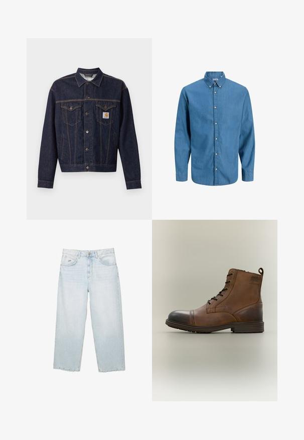Donkerblauwe spijkerjas met knoopsluiting aan de voorkant, twee borstzakken met klep, zijzakken en een oranje Carhartt-logo op het linker borstzakje.; Blauw overhemdbloes gemaakt van denim, met een kraag en lange mouwen. Effen textuur met zichtbare knopen aan de voorkant.; Lichtblauwe hoge taille straight-leg jeans met een knoop aan de voorkant, zakken en een klein gemerkt metalen label op de rechter voorkzak.; Bruine leren enkellaars met veters, zwarte neuskap, ronde zool en merkdetail aan de zijkant tegen een effen achtergrond.