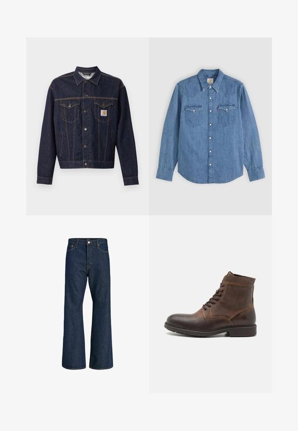 Mørkeblå denimjakke med knaplukning foran, to brystlommer med klap, sidelommer og orange Carhartt-logo på venstre brystlomme.; Langærmet blå denimskjorte med spids krave, knappet front og to brystlommer med knapklapper på ensfarvet baggrund.; Mørkeblå højttaljede denimjeans med vide ben, knap- og lynlåslukning foran, bæltestropper samt for- og baglommer.; Jack & Jones JFWDELANEY BOOT - Snørestøvletter - cognac