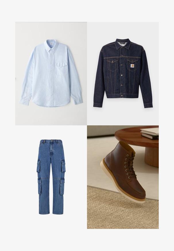 Mørkeblå denimjakke med knaplukning foran, to brystlommer med klap, sidelommer og orange Carhartt-logo på venstre brystlomme.; Lyseblå skjorte med knapper lavet af blødt stof, med klassisk krave, lange ærmer og en brystlomme med klap.; Blå denim cargo bukser med brede ben, fire store sidelommer og kontrasterende syninger. Texturen er glat med et falmet udseende.; Brune læderankelstøvle med beige sål på et struktureret beige tæppe ved siden af et rundt træbord med stakke af bøger.