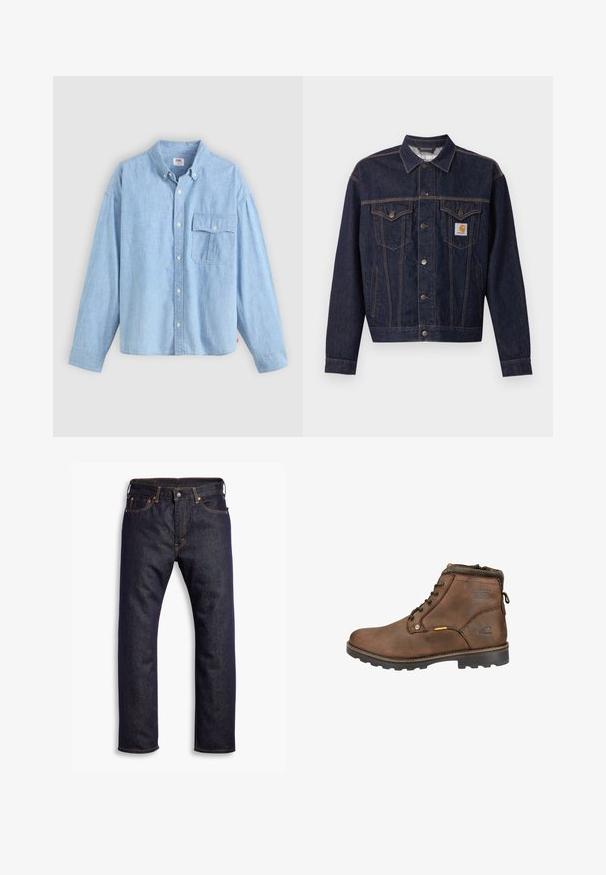 Dunkelblaue Jeansjacke mit Knopfleiste vorne, zwei Brustklappentaschen, Seitentaschen und orangefarbenem Carhartt-Logo-Patch auf der linken Brusttasche.; Himmelblaues Hemd mit Knopfverschluss aus Chambray-Stoff. Verfügt über einen Kragen, lange Ärmel und eine Brusttasche mit Klappe und Knopf.; Dunkelblaue gerade geschnittene Jeans aus Denim mit fünf Taschen und orangefarbenen Kontrastnähten, flach auf einem weißen Hintergrund ausgelegt.; Braune Leder-Ankle-Boots mit runder Zehenpartie, Schnürdesign, gepolstertem Kragen und strukturiertem Gummisohle. Mit Logo und Metallelementen ausgestattet.