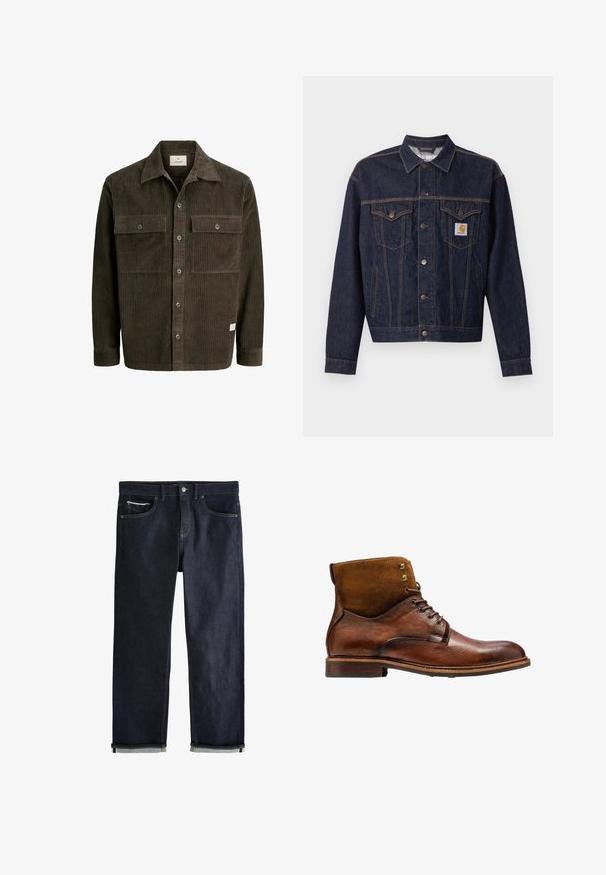 Mørkeblå denimjakke med knaplukning foran, to brystlommer med klap, sidelommer og orange Carhartt-logo på venstre brystlomme.; Brun kordfløjljakke med vertikal ribstruktur, knaplukning foran, to brystlommer og klassisk krave, med et diskret mærke ved kanten.; Mørkeblå denimjeans med en klassisk lige pasform, der har fem lommer, knaplukning og op rullede manchetter, som viser en lys blå foring.; Kazar ALID - Snørestøvletter - brown