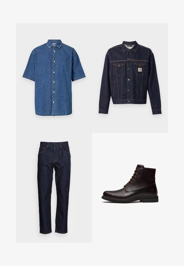 Dunkelblaue Jeansjacke mit Knopfleiste vorne, zwei Brustklappentaschen, Seitentaschen und orangefarbenem Carhartt-Logo-Patch auf der linken Brusttasche.; Kurzärmliges Denim-Shirt in Dunkelblau. Verfügt über eine durchgehende Knopfleiste, klassischen Kragen und gestichelte Details entlang der Kanten.; Dunkelblaue Denim-Jeans mit geradem Schnitt, fünf Taschen und kontrastierendem gelben Nähten. Mit einem klassischen Knopf- und Reißverschluss ausgestattet.; Dunkelbrauner Leder-Schnürstiefel mit Gummisohle und dezentem geprägtem Logo nahe der Ferse, von der Außenseite gezeigt.
