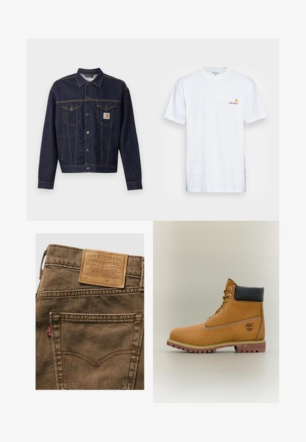 Veste en denim bleu foncé avec fermeture boutonnée, deux poches poitrine à rabat, poches latérales et patch logo Carhartt orange sur la poche poitrine gauche.; T-shirt en coton blanc à manches courtes. Doté d'un petit logo orange et bordeaux sur la poitrine gauche. Présente un col rond classique.; Jean en denim marron Levi's montrant la poche arrière, l'étiquette rouge Levi's et un patch en cuir beige avec logo et texte sur la ceinture.; Bottine en cuir marron avec col noir, lacets jaunes et semelle beige. Présente un logo et des détails de couture blanche. Semelle extérieure à traction robuste.