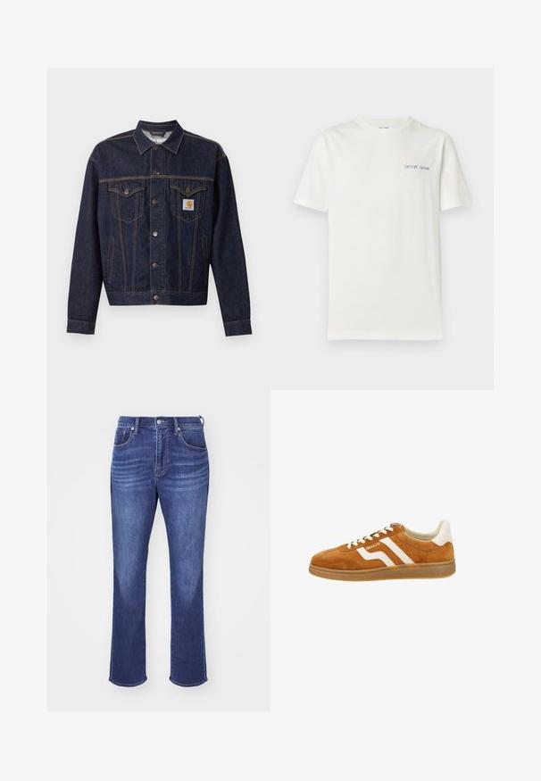 Mørkeblå denimjakke med knaplukning foran, to brystlommer med klap, sidelommer og orange Carhartt-logo på venstre brystlomme.; Hvid kortærmet t-shirt med lille blåt "SAMSØE SAMSØE" tekstlogo på venstre bryst.; Blå denim jeans med lige ben, der har et fem-lommer design, kobbernitter og subtil blegning på lårene for tekstur.; Brune ruskind sneakers med hvide læderdetaljer, med et lavt profil, rund tå og kontrasterende striber på siden. Snørebåndsdesign.