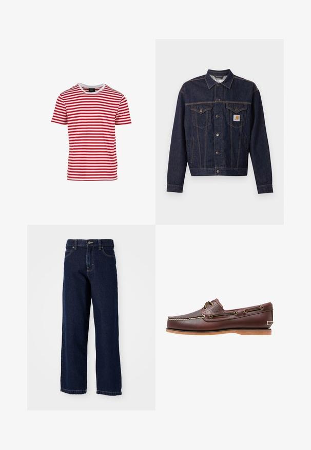 Dunkelblaue Jeansjacke mit Knopfleiste vorne, zwei Brustklappentaschen, Seitentaschen und orangefarbenem Carhartt-Logo-Patch auf der linken Brusttasche.; Rot-weiß gestreiftes Kurzarm-T-Shirt mit Rundhalsausschnitt, aus einem Stoff mit glatter Textur gefertigt. Es hat gleichmäßige horizontale Streifen.; Dunkelblaue Jeans mit weitem Bein aus Denim, gerader Schnitt, Fünf-Taschen-Design und Abschlussnähten entlang des Saums.; Brauner Leder-Bootsschuh mit weißen Nähten, Schnürdetails und hellbrauner Gummisohle, seitlich auf weißem Hintergrund gezeigt.
