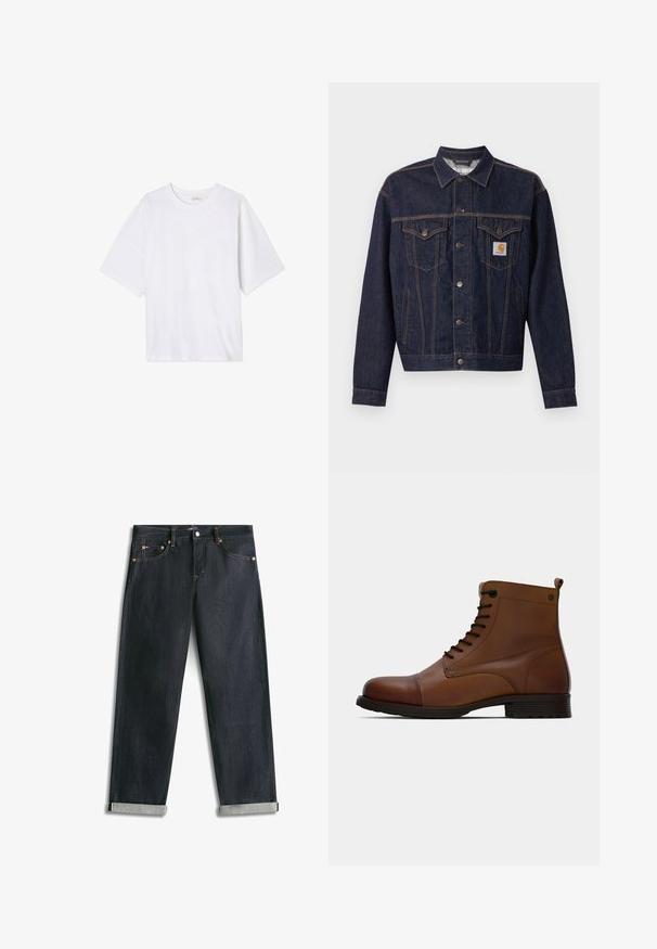 Mørkeblå denimjakke med knaplukning foran, to brystlommer med klap, sidelommer og orange Carhartt-logo på venstre brystlomme.; Hvid kortærmet t-shirt lavet af blødt stof. Har en rund halsudskæring og en afslappet pasform med en lige kant. Ingen mønstre eller hardware.; Mørkeblå denimjeans med opsmøgede bukseben, fem lommer og kontrastsyning, lagt fladt på en hvid baggrund.; Jack & Jones JFWSHAUN BOOT - Snørestøvletter - cognac