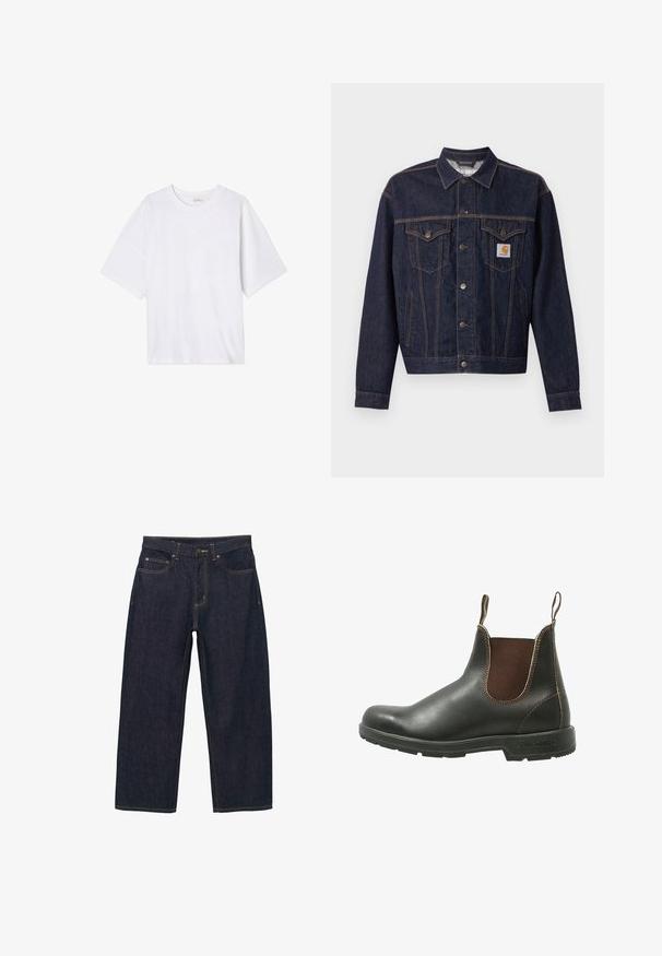 Mørkeblå denimjakke med knaplukning foran, to brystlommer med klap, sidelommer og orange Carhartt-logo på venstre brystlomme.; Hvid kortærmet t-shirt lavet af blødt stof. Har en rund halsudskæring og en afslappet pasform med en lige kant. Ingen mønstre eller hardware.; Mørkeblå denimbukser med løs pasform, med gyldne syninger, frontknaplukning og to sidelommer.; Chelsea støvle lavet af glat sort læder med brune elastiske sidepaneler, kontrastsyet, og en struktureret gummisål.