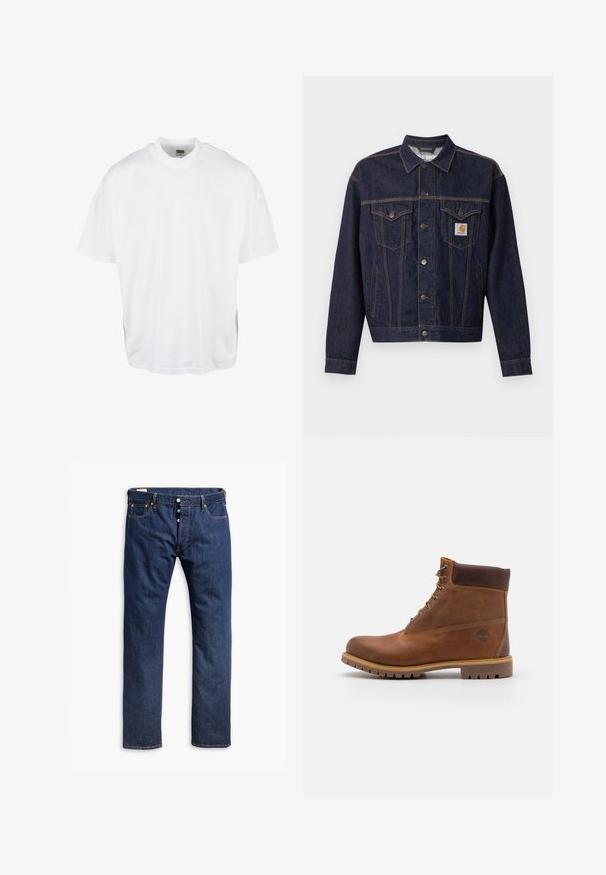 Donkerblauwe spijkerjas met knoopsluiting aan de voorkant, twee borstzakken met klep, zijzakken en een oranje Carhartt-logo op het linker borstzakje.; Witte katoenen t-shirt met een relaxte pasvorm, korte mouwen en een ronde halslijn, met een rechte zoom en geen zichtbare grafische afbeeldingen of patronen.; Donkerblauwe denim jeans met een recht pijpdesign, contrasterende stiksels, een knopenrits en vijf-pocketstijl.; Bruine leren wandelschoen met een gladde afwerking, gevoerde enkel, metalen oogjes en een rubberen zool met een robuust profiel.