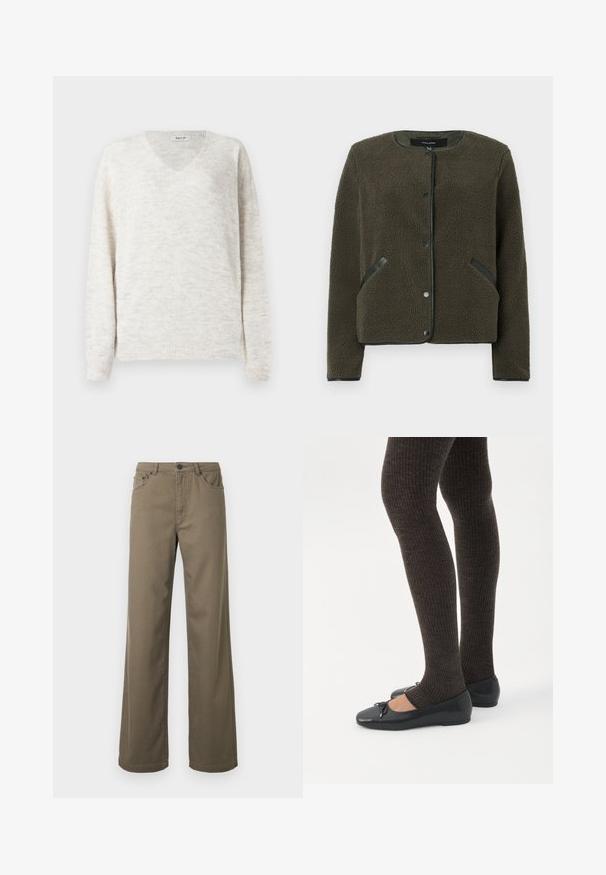 Chaqueta de forro polar en verde oliva oscuro con una superficie texturizada, cuello redondo, botones a presión y parches en negro en los bolsillos.; Suéter de punto con cuello en V en beige claro con un acabado suave y texturizado. Cuenta con mangas largas y puños y dobladillo acanalados para un ajuste ceñido.; Pantalones de pierna ancha en algodón verde oliva, con cierre de botones, trabillas para cinturón y diseño de cinco bolsillos con una textura suave y duradera.; Piernas con leggings oscuros acanalados combinados con bailarinas negras que presentan pequeños detalles de lazo sobre un fondo blanco.