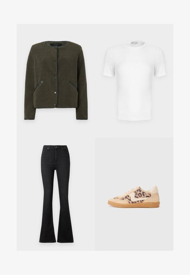 Chaqueta de forro polar en verde oliva oscuro con una superficie texturizada, cuello redondo, botones a presión y parches en negro en los bolsillos.; Camiseta blanca de manga corta con cuello redondo acanalado, corte ajustado y una pequeña etiqueta de la marca en el interior del cuello.; Vaqueros negros acampanados de mezclilla, con cintura alta, bolsillos frontales y un diseño clásico de cinco bolsillos con herrajes de botón metálico.; Zapatillas de leopardo con parte superior de ante beige, suela de goma marrón y acentos blancos. Punta redonda y diseño con cordones con un acabado texturado.