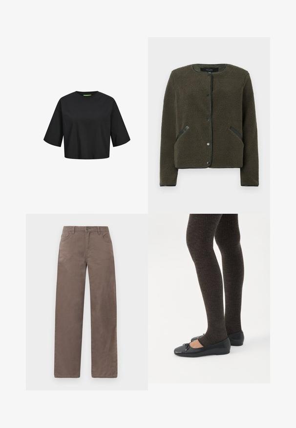 Fleece bunda v tmavo olivovo zelenej farbe s textúrovaným povrchom, okrúhlym výstrihom, patentkami a čiernymi akcentovanými škvrnami na vreckách.; Čierne bavlnené krátke tričko s okrúhlym výstrihom, krátkymi rukávmi a zeleným detailom na výstrihu. Hladká, jemná textúra.; Hnedé nohavice s rovnými nohavicami z bavlny, s páskovým uzáverom na prednej strane, pútkami na opasok a piatimi vreckami s hladkým povrchom.; Nohy v tmavých pásikavých legínach v kombinácii s čiernymi balerínkami s malými mašličkami na bielom pozadí.