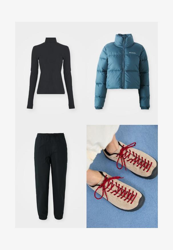 Afskåret blå pufferjakke lavet af vandafvisende stof. Har en høj krave, frontlynlås og vandret syninger til isolering.; Sort ribbet turtle neck bluse med lange ærmer, tætsiddende pasform, glat tekstur og subtil stræk, designet til komfort og lagdeling.; Sorte tapered bukser lavet af et glat stof, med en elastisk talje, snor og sidelommer. Elastiske manchetter ved anklerne.; Beige sko med røde snørebånd, placeret på en blå tekstureret overflade, delvist synliggørende en persons ankel. Skoene har et sporty design.