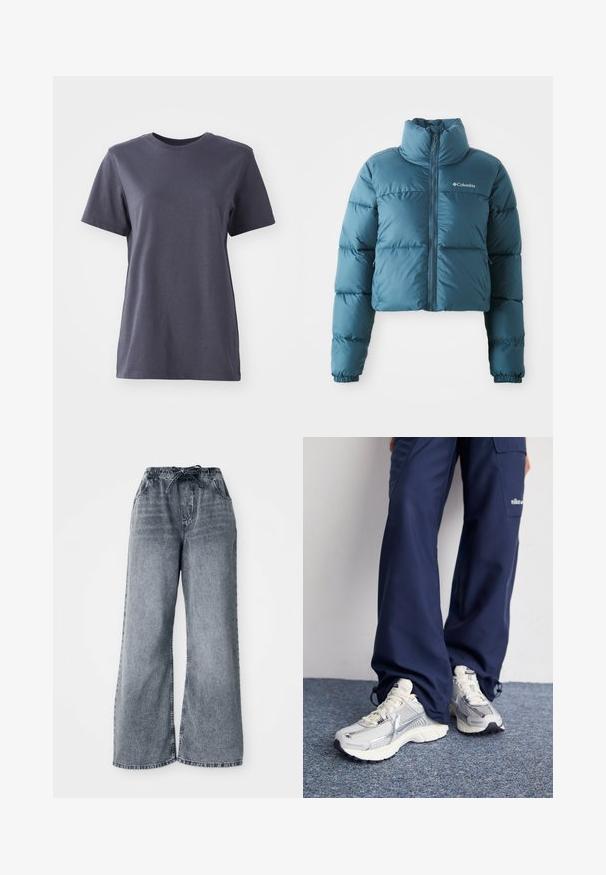 Veste matelassée bleue coupée, fabriquée en tissu résistant à l'eau. Elle possède un col haut, une fermeture éclair à l'avant et des coutures horizontales pour l'isolation.; T-shirt à manches courtes en coton gris foncé, design col rond, texture lisse, ourlet droit, sans motifs ni détails matériels visibles.; Pantalons en denim large gris avec une taille élastique, une fermeture à cordon, et des poches latérales. Texture décolorée sur l'ensemble du tissu.; Baskets de sport Nike avec une tige en maille argentée, des accents blancs et des semelles texturées, associées à un pantalon marine ample.