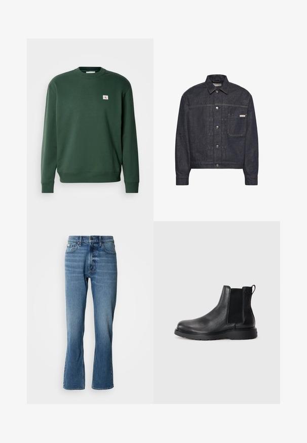 Donkerblauwe spijkerjas met zilveren knopen, borstzak aan de linkerkant en Calvin Klein-label op de zak. Rechte kraag en lange mouwen.; Groene sweatshirt van katoenmix, met een ronde hals en geribde manchetten. Kleine logo patch op de borst. Soepele textuur.; Lichtblauwe denim jeans met een rechte snit en een lichte flare. Beschikt over vijf zakken, een knoopsluiting en subtiele wassingdetails.; Zwarte leren Chelsea boots met een gestructureerde afwerking, elastische zijpanelen en een stevige rubberen zool. Subtiele branding op de hiel.