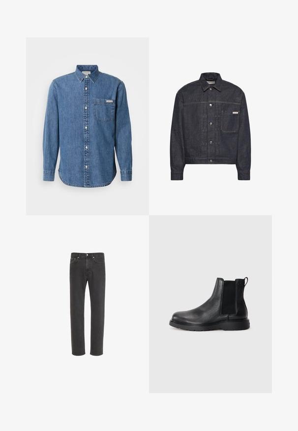 Donkerblauwe spijkerjas met zilveren knopen, borstzak aan de linkerkant en Calvin Klein-label op de zak. Rechte kraag en lange mouwen.; Denim overhemd in medium blauw met een button-down kraag, lange mouwen, een borstzak en witte knopen. Heeft een licht afgeronde zoom.; Zwarte rechte denim jeans met knoop- en ritssluiting aan de voorkant, voor- en achterzakken, weergegeven op een witte achtergrond.; Zwarte leren Chelsea boots met een gestructureerde afwerking, elastische zijpanelen en een stevige rubberen zool. Subtiele branding op de hiel.