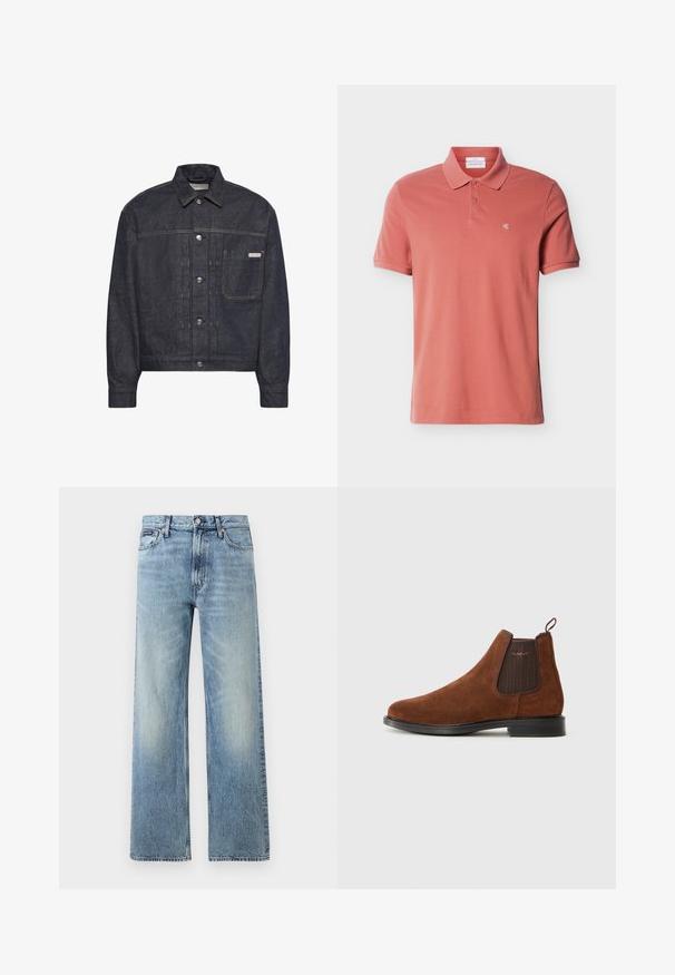 Mørkeblå denimjakke med sølvknapper, brystlomme på venstre side og Calvin Klein mærke på lommen. Lige krave og lange ærmer.; Herre polo med korte ærmer i støvet rosa med to knapper og lille hvidt "cK"-logo på venstre bryst.; Lyseblå denim jeans med lige ben, højt talje, fem lommer, knaplukning og diskrete falmede områder på lår og knæ.; Brune ruskinds Chelsea-støvle med elastisk sideskilt, løkke til at trække i bagpå, sort sål og subtil "GANT" logo på sideskilt.