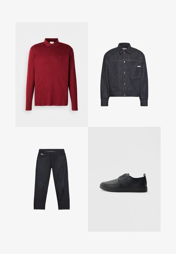 Mørkeblå denimjakke med sølvknapper, brystlomme på venstre side og Calvin Klein mærke på lommen. Lige krave og lange ærmer.; Langærmet polo skjorte i mørkerød, lavet af glat bomuldsstof, med krave, tre knaplukninger og et lille logo på brystet.; Mørkeblå denimjeans med et lige ben, der har fem lommer og minimal syning for et rent udseende.; Sorte lædersneakers med en glat finish, rund tå, tonalt syning, snøring foran og en flad gummisål. Løkke ved hælen.