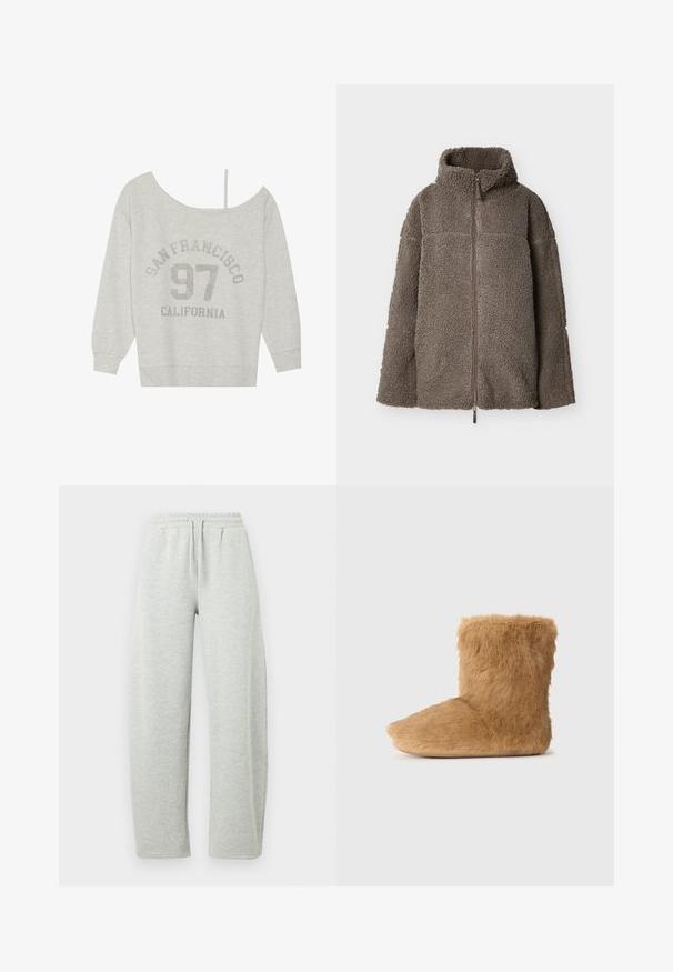 Brun sherpa fleecejakke med fuld lynlås, høj krave og lange ærmer, vist fladt på en hvid baggrund.; Even&Odd by Zalando Sweatshirt - mottled light grey; Lysegrå joggingbukser med elastisk linning og snørre. Stoffet har en blød tekstur og lige, løstsiddende ben.; Brune faux fur ankelstøvle, blød tekstur, rund tå, kort skaft og et enkelt design uden synligt hardware eller mønstre.