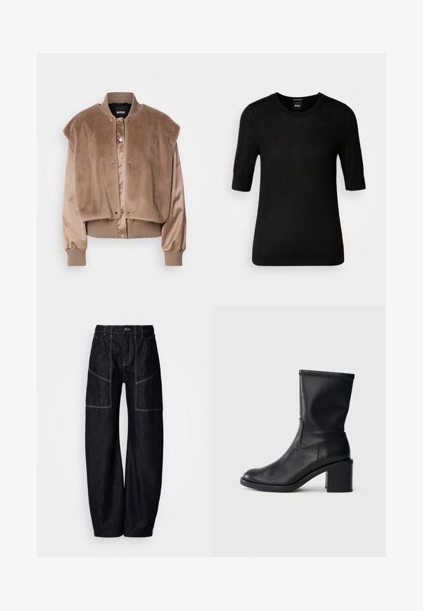 Veste bomber marron avec un haut en peluche imitant la fourrure et des manches en satin. Présente une fermeture à boutons pression et des bords côtelés aux poignets et à l'ourlet.; Pull noir à manches courtes en laine mérino fine. Encolure ronde, coupe ajustée, texture lisse, design minimal, sans motifs ni accents visibles.; Pantalon large en denim foncé avec plusieurs poches à l'avant, surpiqûres contrastantes et fermeture par bouton à la taille. Texture lisse et design décontracté.; Botte en cuir noir à cheville avec un bout rond, texture lisse et un talon épais, présentant un tige ajustée et un subtil détail de couture.