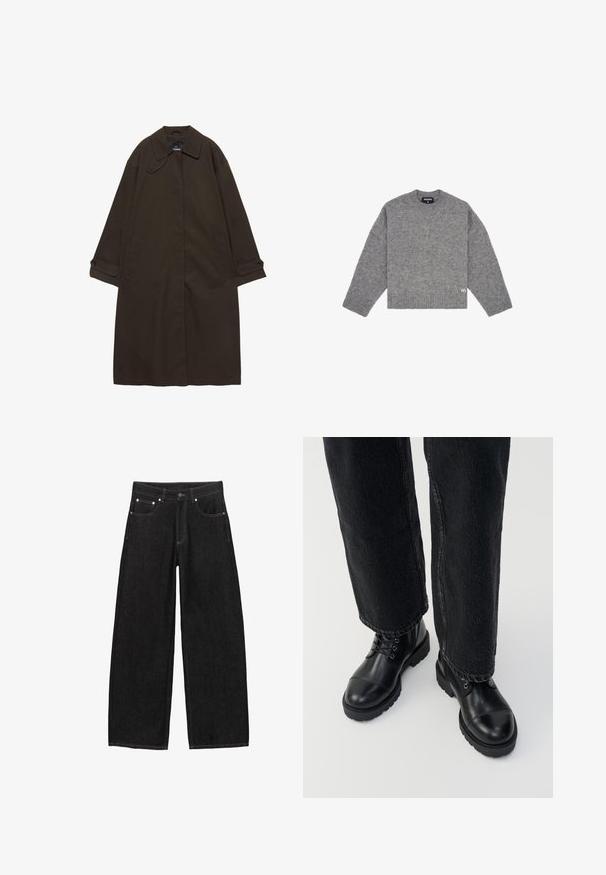 Dunkelbrauner langer Trenchcoat mit weitem Kragen, Knopfmanschetten, verdecktem Frontverschluss und Seitentaschen, flach auf weißem Hintergrund ausgelegt.; Grauer Wollpullover mit Rundhalsausschnitt, langen Ärmeln, gerippten Bündchen und Saum, mit einem kleinen weißen Logo auf der unteren rechten Seite.; Schwarze High-Waist Jeans mit weitem Bein, vorn mit Knopfverschluss, fünf Taschen und sichtbaren weißen Nähten entlang der Nähte.; Schwarze Lederknöchelstiefel mit runden Zehen, Schnürsenkeln und einer robusten, dicken Sohle. Kombiniert mit dunklen Jeans, die ein rohes Saumdetail aufweisen.