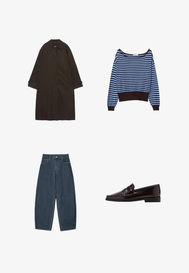Mørkebrun lang trenchcoat med bred krave, knaplukning ved manchetter, skjult lukning foran og sidelommer, lagt fladt på hvid baggrund.; Stripet sweater med horisontale blå og sorte striber, bred udskæring, lange pufærmer og en mørk ribbet kant. Fremstillet af bomuldsblanding.; Mørkeblå denim buede bukser med høj talje, som har fem lommer og synlige stingdetaljer. Ren, minimalistik design.; Brun læder loafersko med en mokkasinstil foran, hævet syning langs vampskæringen og en lav sort gummisål. Glat, poleret finish.