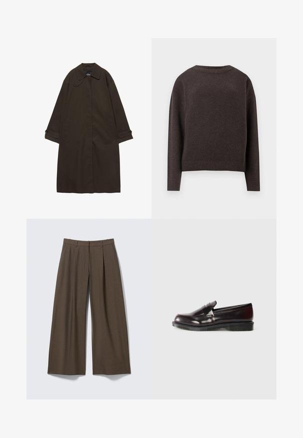 Donkerbruine lange trenchcoat met brede kraag, geruite manchetten, verborgen voorzijde sluiting en zijzakken, plat liggend op een witte achtergrond.; Donkerbruine crewneck trui met lange mouwen en geribde manchetten en onderrand, getoond vanaf de achterkant tegen een witte achtergrond.; Bruine brede pijpen broek met krijtstreep, riemlussen en voorplooien, plat uitgestald op een lichtgrijze achtergrond.; Bordeaux leren loafers met een gladde oppervlakte, een verhoogde randdetail en een rubberen zool. Ontworpen met een ronde neus en minimale hardware.