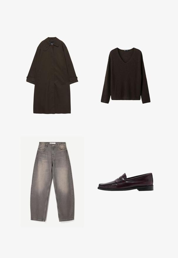 Dunkelbrauner langer Trenchcoat mit weitem Kragen, Knopfmanschetten, verdecktem Frontverschluss und Seitentaschen, flach auf weißem Hintergrund ausgelegt.; Dunkelbrauner, gestrickter Pullover mit langen Ärmeln und V-Ausschnitt, vor weißem Hintergrund präsentiert.; Weite graue Jeans aus Denim, mit subtiler Ausbleichung, fünf Taschen-Design, Gürtelschlaufen und einem Knopfverschluss an der Taille.; Dunkelbraune Herrenleder-Pennyloafers mit schwarzer Sohle und Steppdetails entlang der Spitze, im Seitenprofil gezeigt.