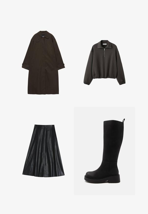 Donkerbruine lange trenchcoat met brede kraag, geruite manchetten, verborgen voorzijde sluiting en zijzakken, plat liggend op een witte achtergrond.; Donkergrijze pullover met hoge kraag, korte rits aan de voorkant en elastische zoom. Zachte stof met een ontspannen, losse pasvorm.; Zwarte leren midi-rok met een uitlopende vorm, met een gladde textuur en een geplooid ontwerp voor extra volume. Geen zichtbare hardware of accenten.; Hoge zwarte laars met dikke zool en lage blokhak, glad oppervlak en kleine lus aan de achterkant bovenaan om aan te trekken.