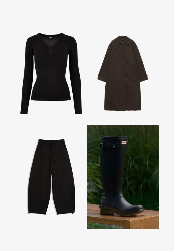 Mørkebrun lang trenchcoat med bred krave, knaplukning ved manchetter, skjult lukning foran og sidelommer, lagt fladt på hvid baggrund.; Sort V-hals sweater lavet af et glat strikmateriale. Har lange ærmer, ribbede kanter og en tætsiddende silhuet. Enkel design uden mønstre.; Løse sorte joggingbukser med elastisk taljebånd, snor, sidelommer og justerbare benafslutninger.; Sort gummistøvle med rund tå og struktureret sål. Har en spænde-detalje og brandlabel på den øverste side. Glat overflade og høj design.