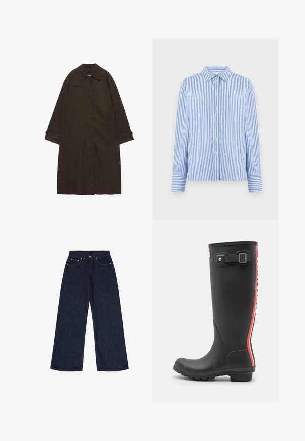 Donkerbruine lange trenchcoat met brede kraag, geruite manchetten, verborgen voorzijde sluiting en zijzakken, plat liggend op een witte achtergrond.; Overhemd met knopen in lichtblauw en witte verticale strepen. Heeft een kraag en lange mouwen met knoopmanchetten. Glad materiaal.; Donkerblauwe wijde spijkerbroek van denim. Kenmerken zijn vijf zakken, riemlussen en contrasterende oranje lijnen. Geen patronen of versieringen.; Zwarte rubberen regenlaars met een getextureerd oppervlak, hoog ontwerp, verticale strepen in rood en wit, verstelbare riem en gespdetail.